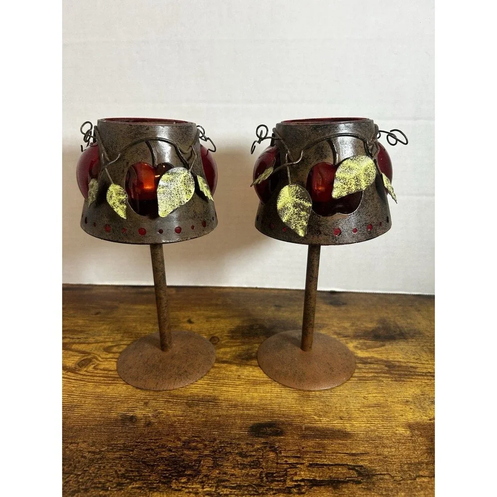 Set of 2 Apple Red Glass Fairy Lamp Style Tealight Candle Holders Rustic Decor